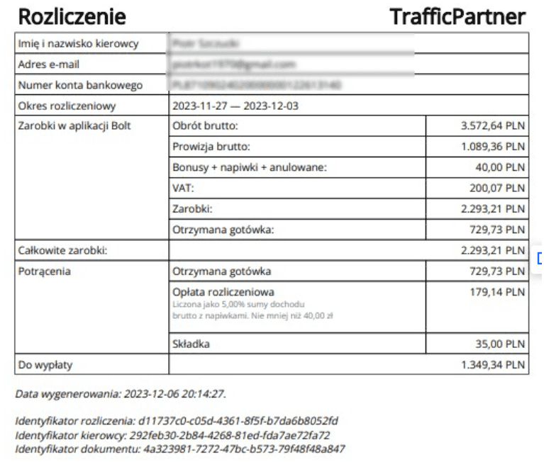 Zrzut ekranu z aplikacji, widok podsumowania rozliczenia